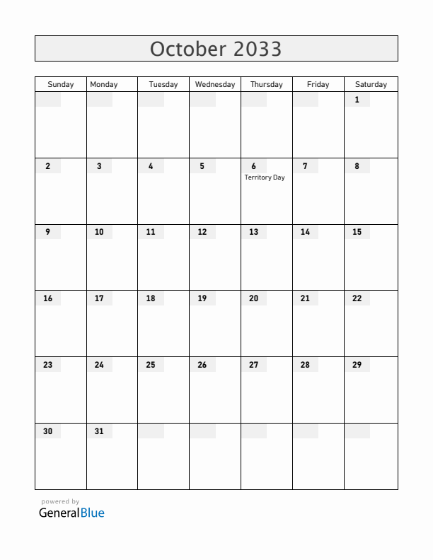 Christmas Island October 2033 Calendar with Holidays