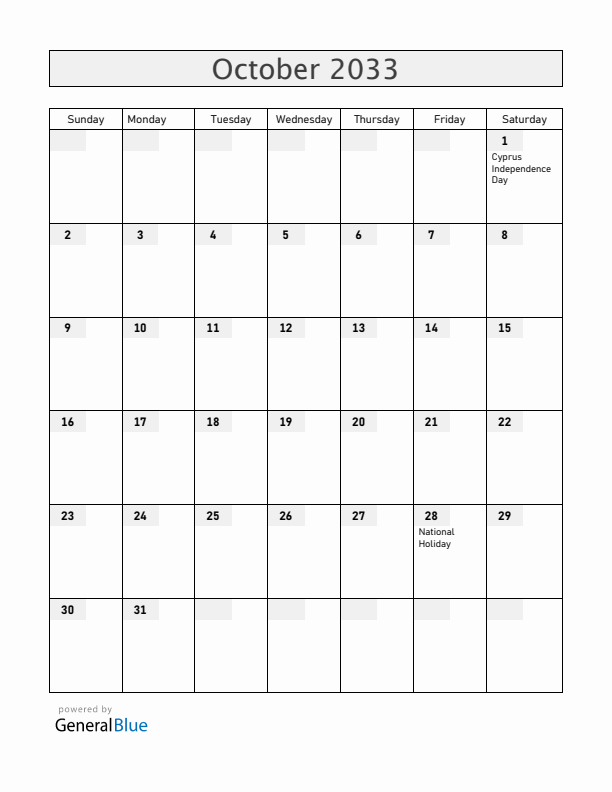 Cyprus October 2033 Calendar with Holidays