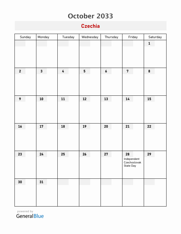 Czechia October 2033 Calendar with Holidays