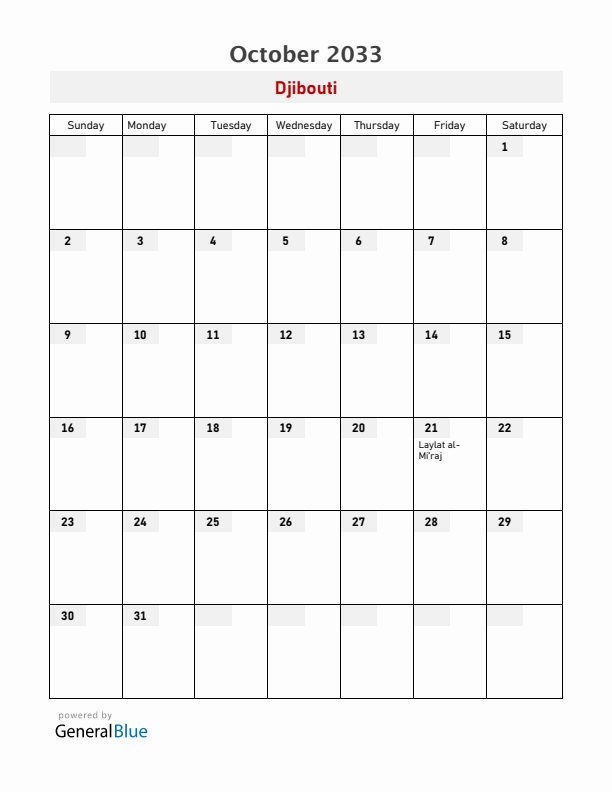 Djibouti October 2033 Calendar with Holidays