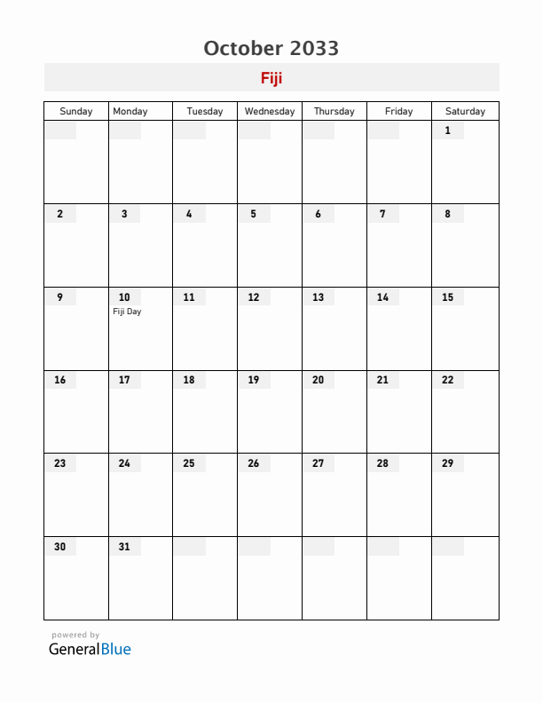 Fiji October 2033 Calendar with Holidays