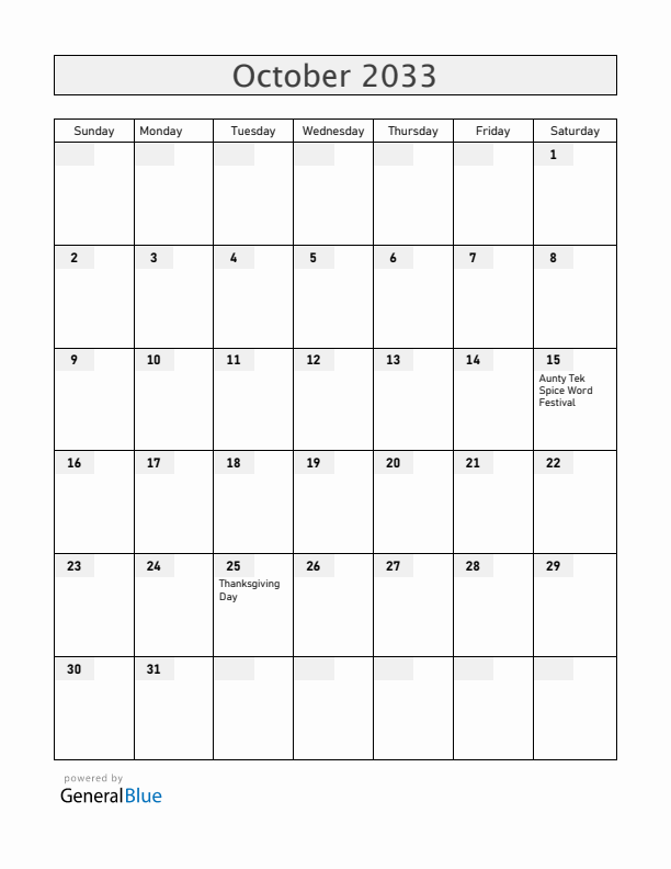Grenada October 2033 Calendar with Holidays