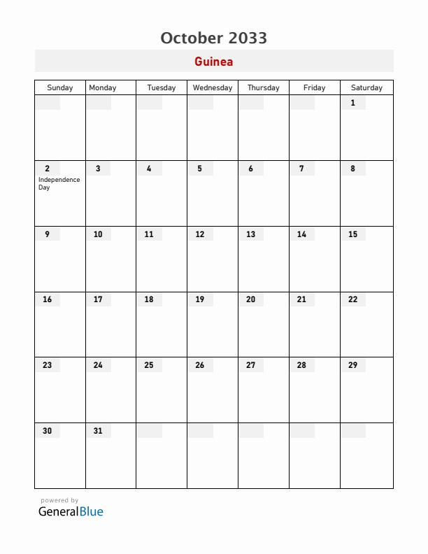 Guinea October 2033 Calendar with Holidays