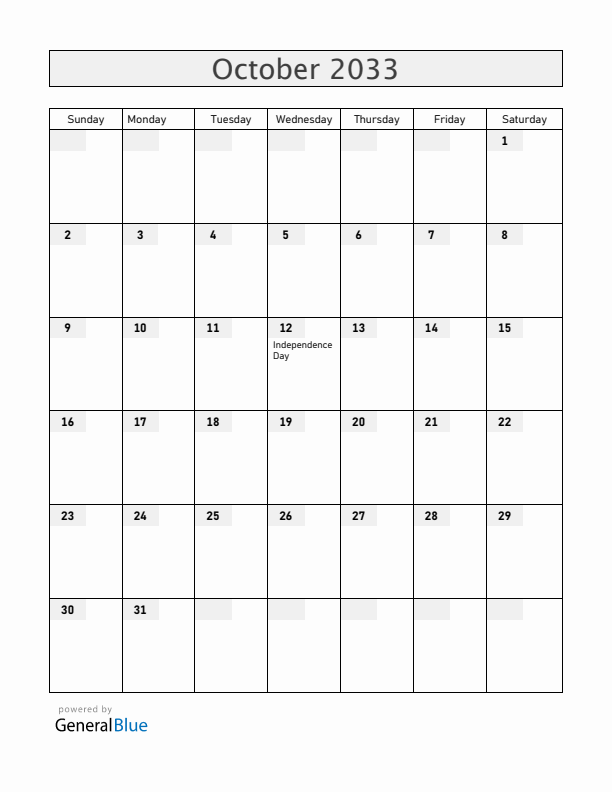 Equatorial Guinea October 2033 Calendar with Holidays