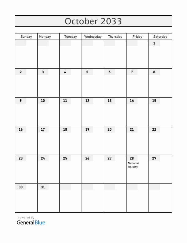 Greece October 2033 Calendar with Holidays
