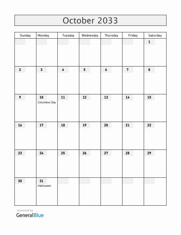 Guam October 2033 Calendar with Holidays