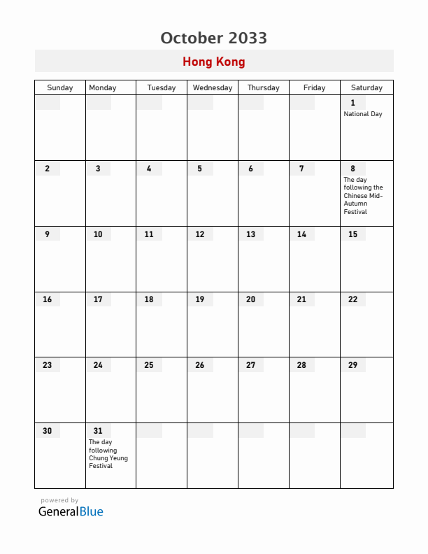 Hong Kong October 2033 Calendar with Holidays