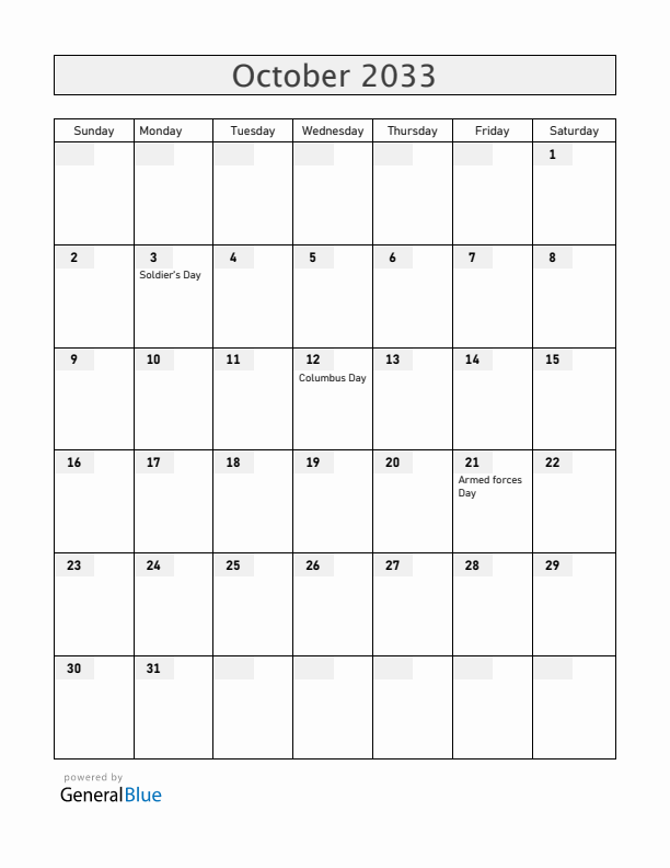 Honduras October 2033 Calendar with Holidays