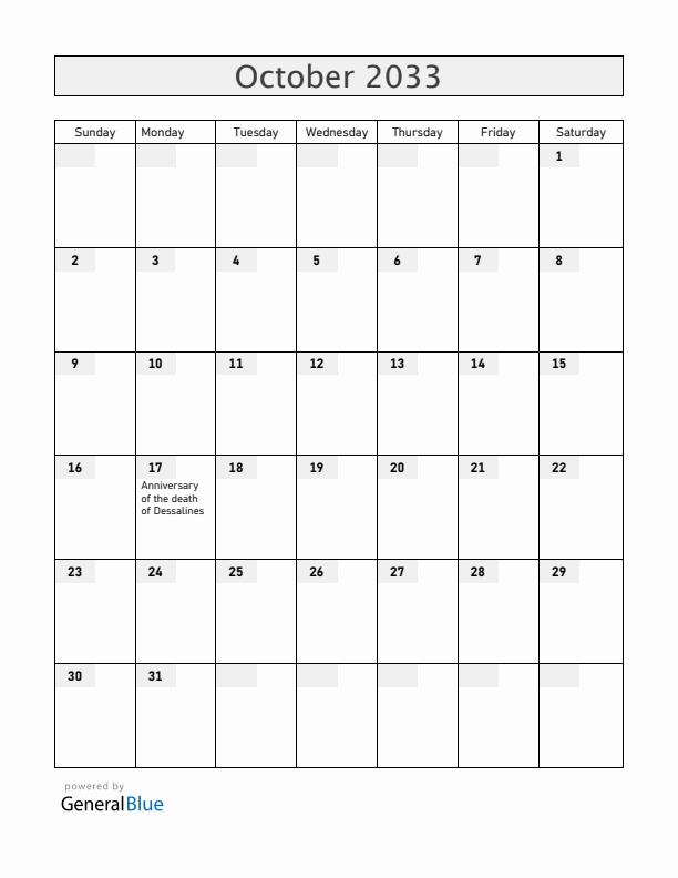 Haiti October 2033 Calendar with Holidays