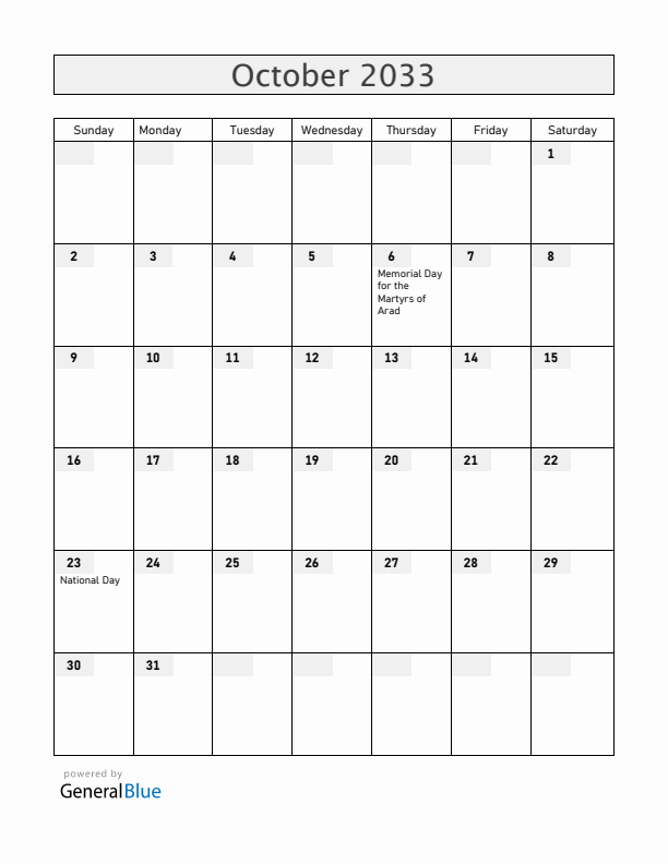 Hungary October 2033 Calendar with Holidays