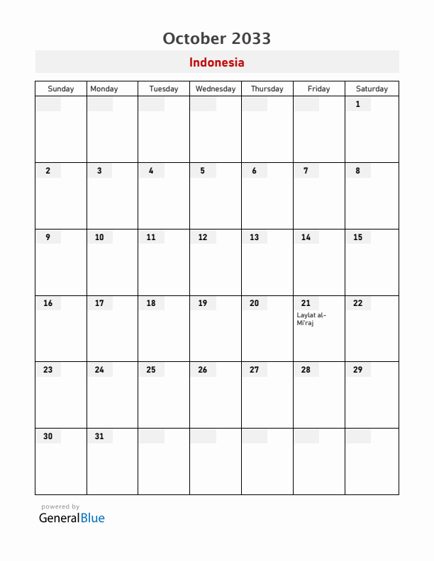 Indonesia October 2033 Calendar with Holidays