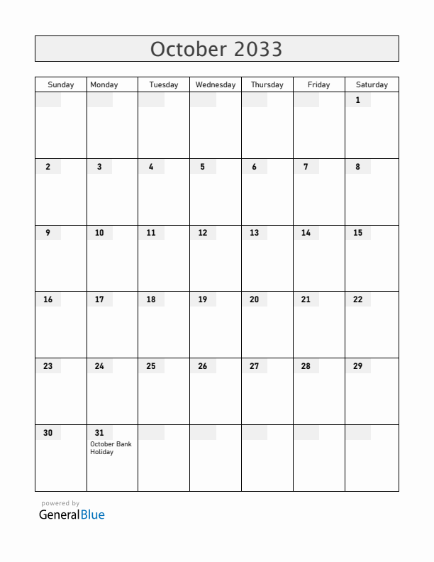 Ireland October 2033 Calendar with Holidays