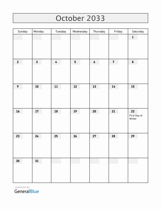 Iceland October 2033 Calendar with Holidays