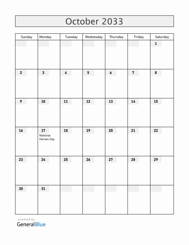 Jamaica October 2033 Calendar with Holidays
