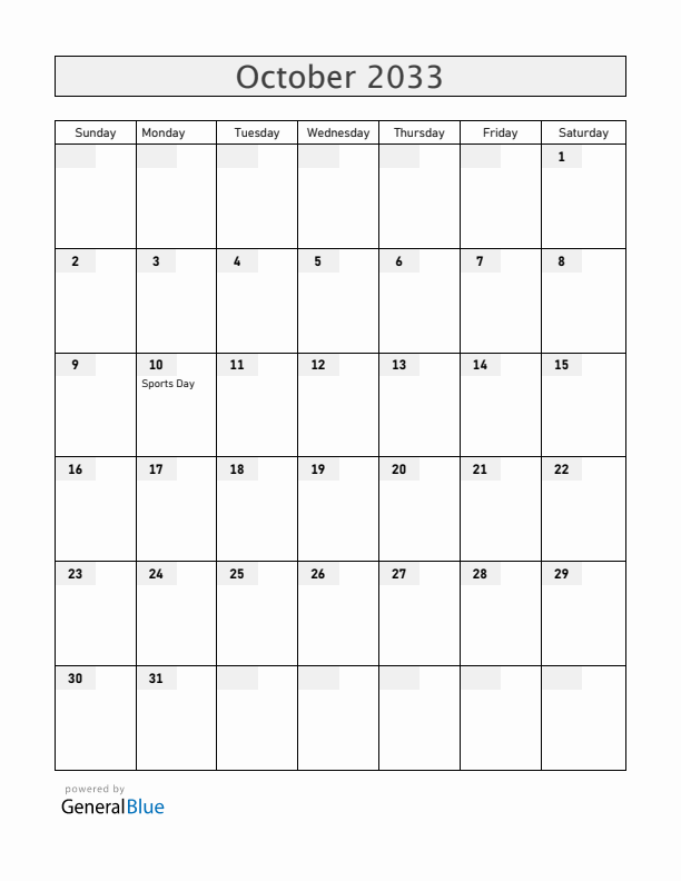 Japan October 2033 Calendar with Holidays