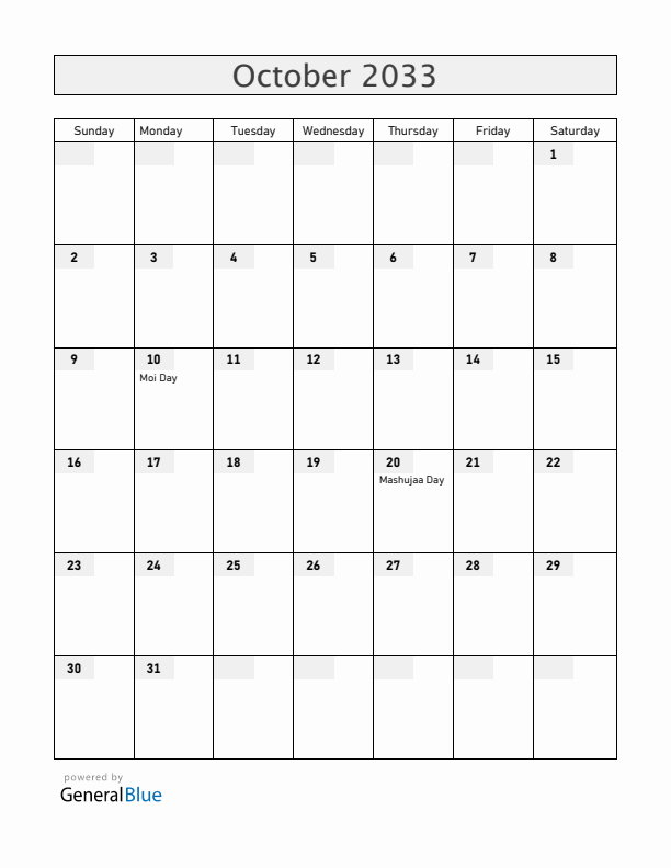 Kenya October 2033 Calendar with Holidays