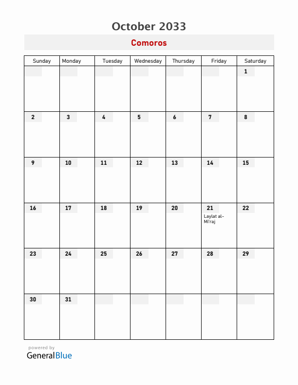 Comoros October 2033 Calendar with Holidays