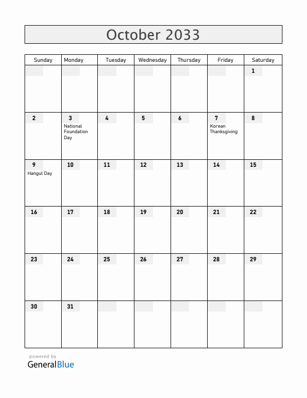 South Korea October 2033 Calendar with Holidays