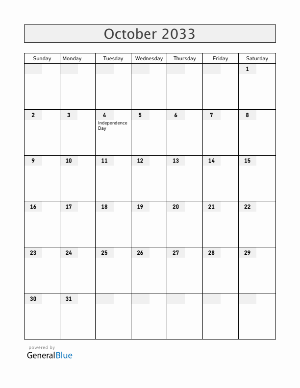 Lesotho October 2033 Calendar with Holidays