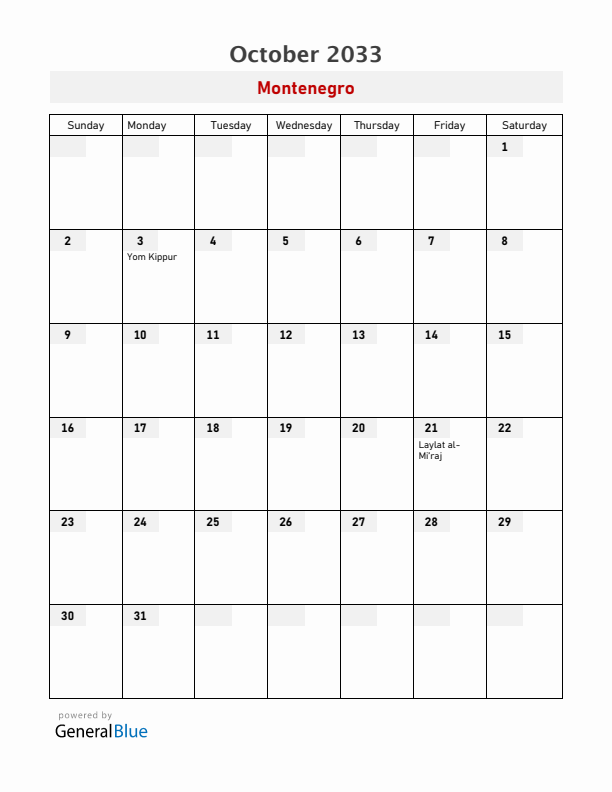 Montenegro October 2033 Calendar with Holidays