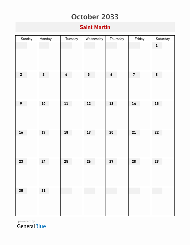 Saint Martin October 2033 Calendar with Holidays