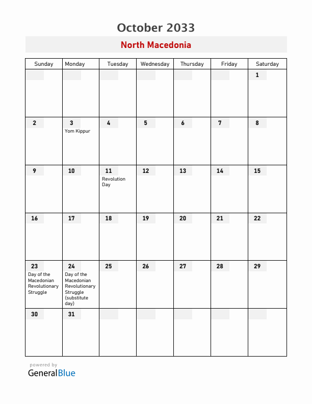 North Macedonia October 2033 Calendar with Holidays