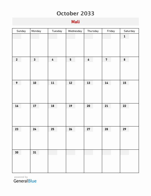 Mali October 2033 Calendar with Holidays