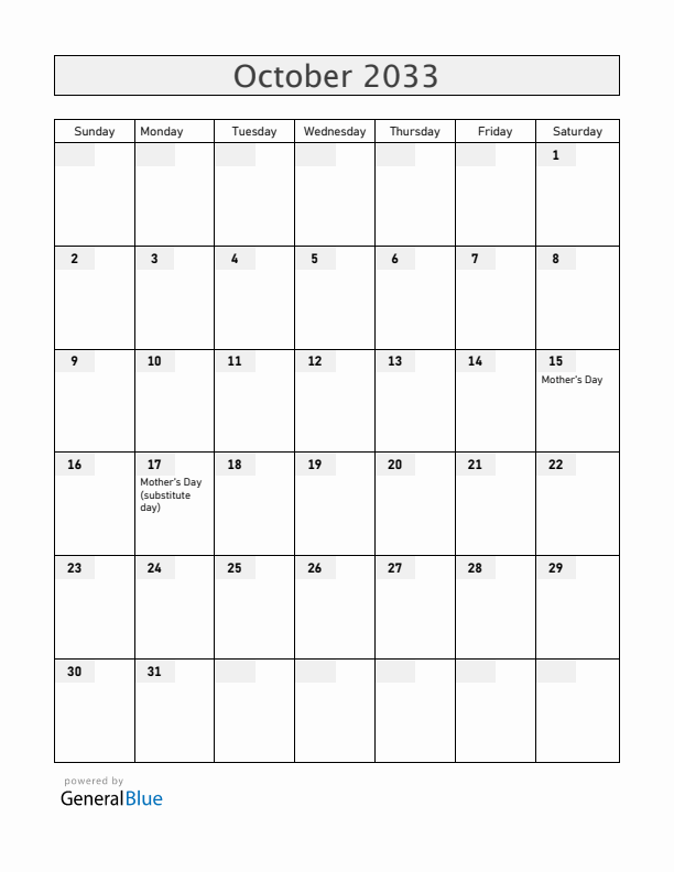 Malawi October 2033 Calendar with Holidays