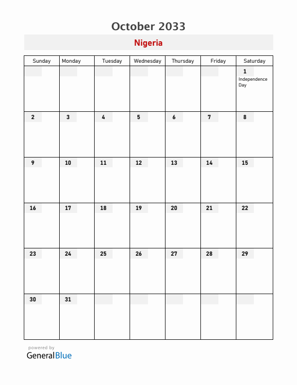 Nigeria October 2033 Calendar with Holidays