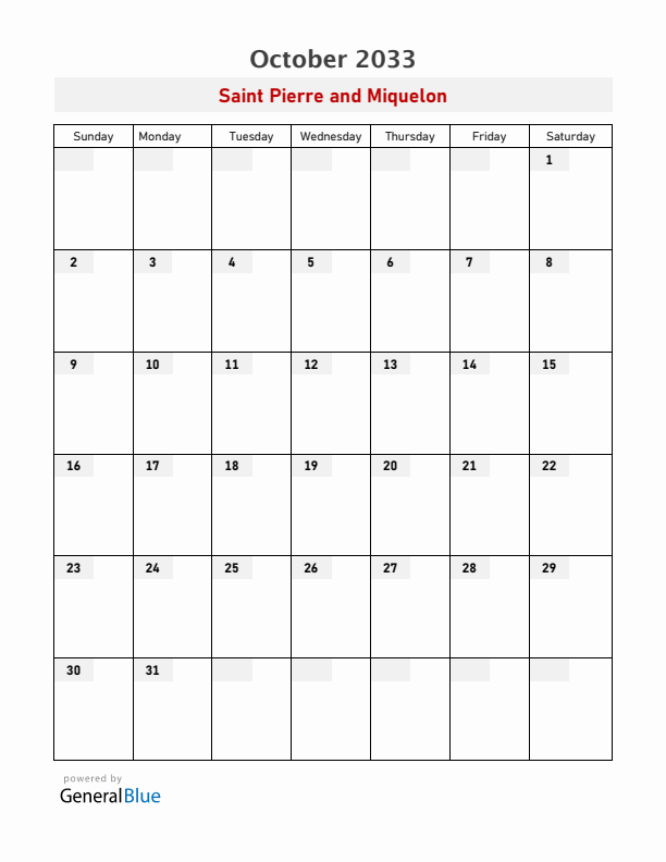 Saint Pierre and Miquelon October 2033 Calendar with Holidays