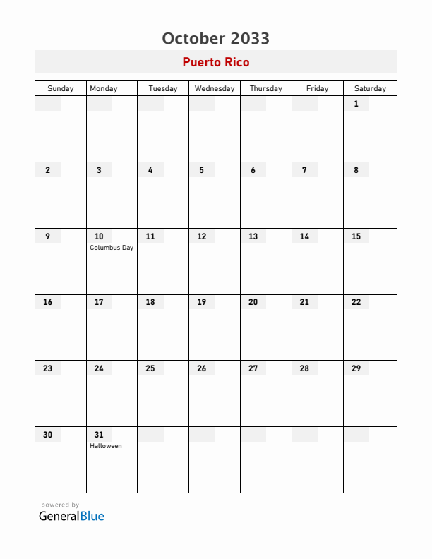 Puerto Rico October 2033 Calendar with Holidays