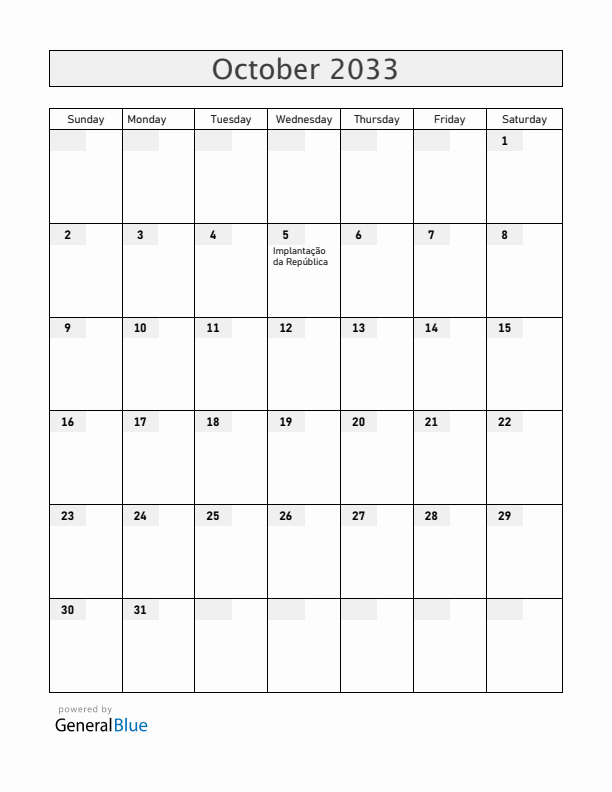 Portugal October 2033 Calendar with Holidays
