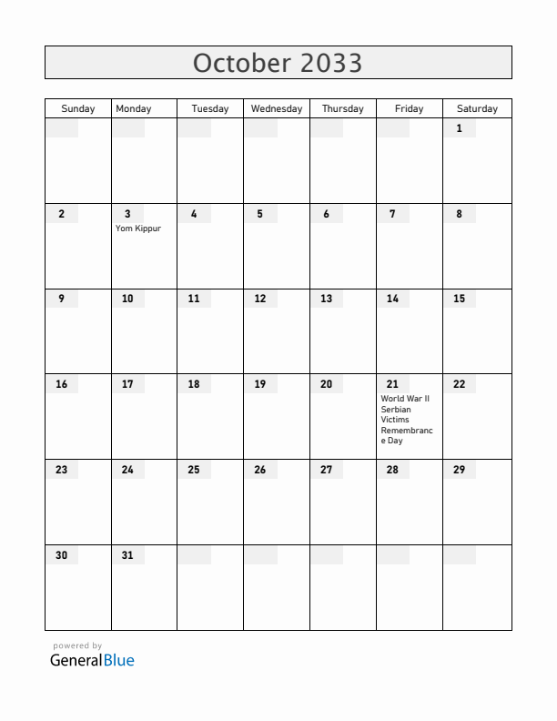 Serbia October 2033 Calendar with Holidays