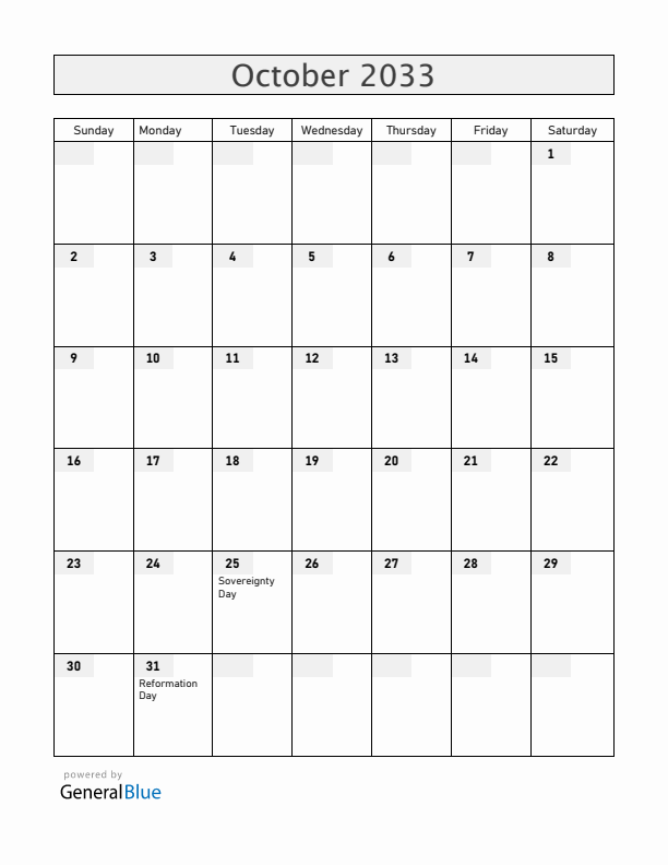Slovenia October 2033 Calendar with Holidays