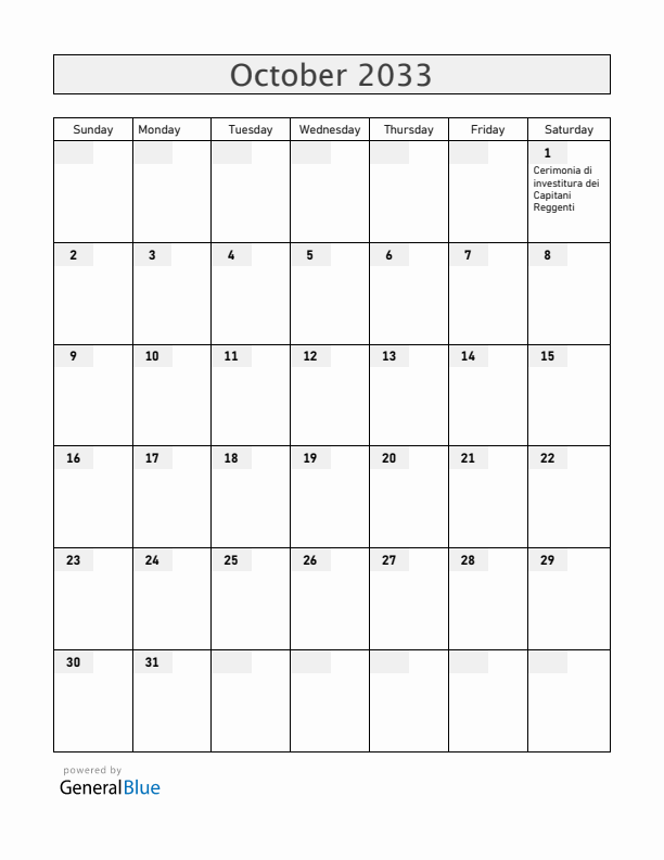 San Marino October 2033 Calendar with Holidays