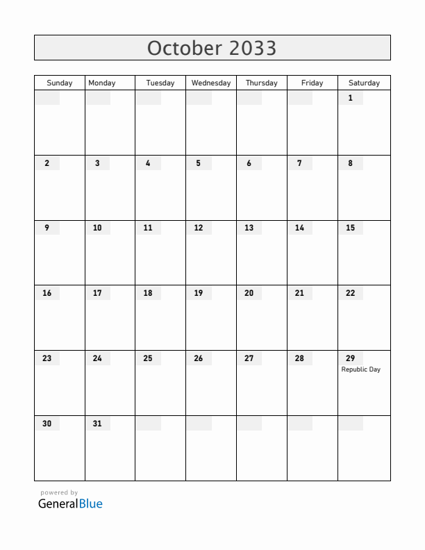 Turkey October 2033 Calendar with Holidays