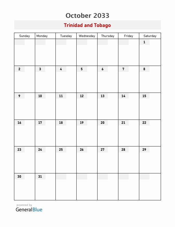 Trinidad and Tobago October 2033 Calendar with Holidays