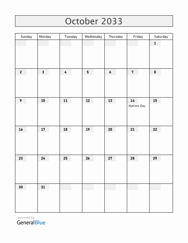 Tanzania October 2033 Calendar with Holidays