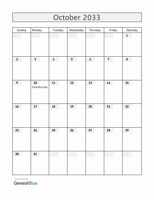 Uruguay October 2033 Calendar with Holidays