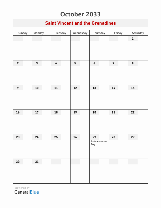 Saint Vincent and the Grenadines October 2033 Calendar with Holidays