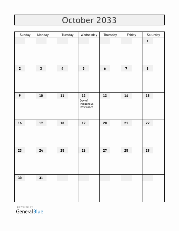 Venezuela October 2033 Calendar with Holidays