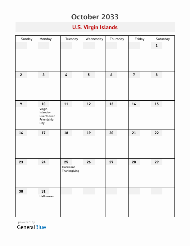 U.S. Virgin Islands October 2033 Calendar with Holidays