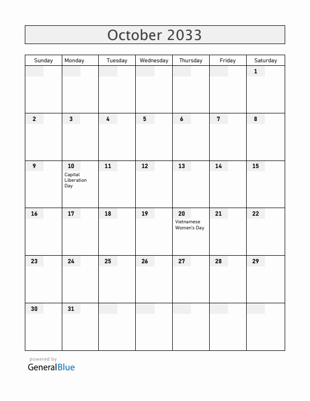 Vietnam October 2033 Calendar with Holidays