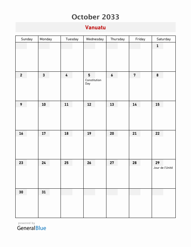 Vanuatu October 2033 Calendar with Holidays