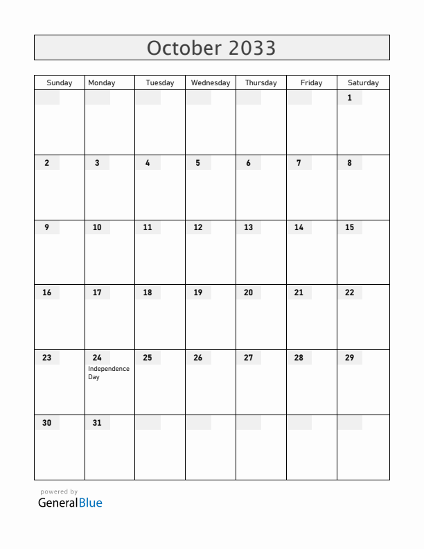 Zambia October 2033 Calendar with Holidays