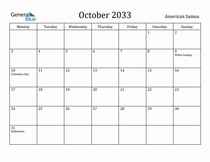 October 2033 Calendar American Samoa