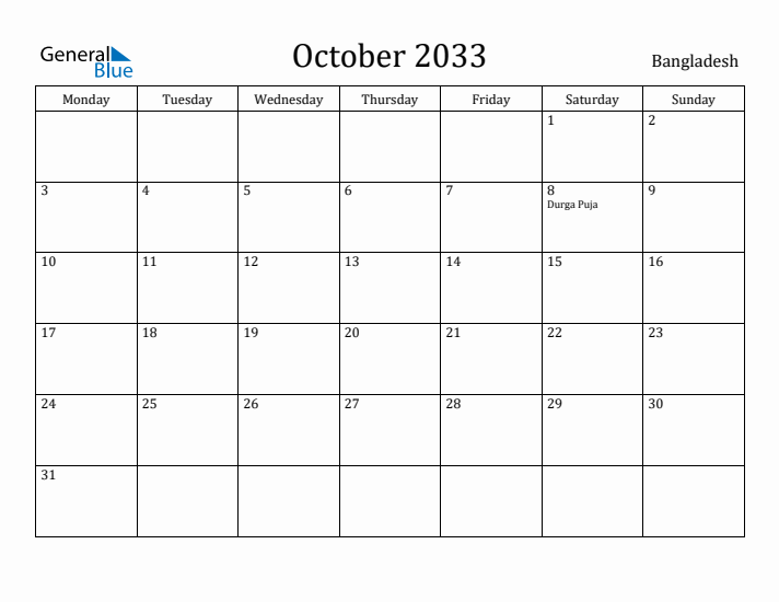 October 2033 Calendar Bangladesh