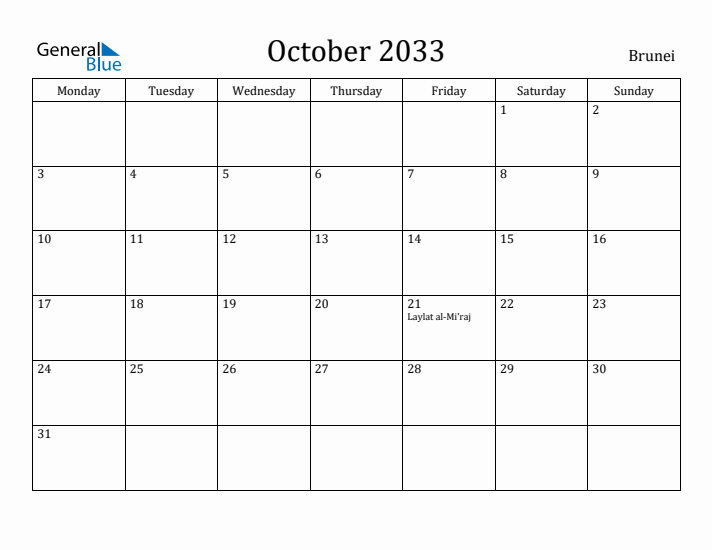 October 2033 Calendar Brunei