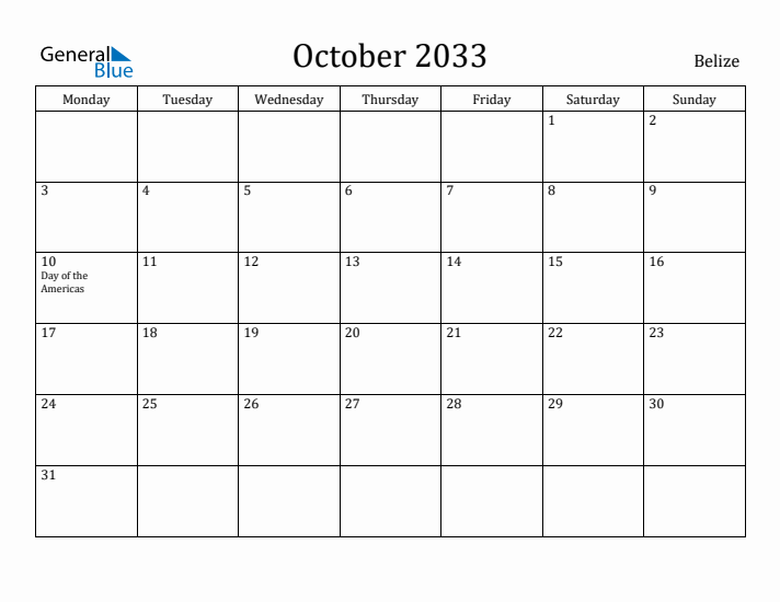 October 2033 Calendar Belize