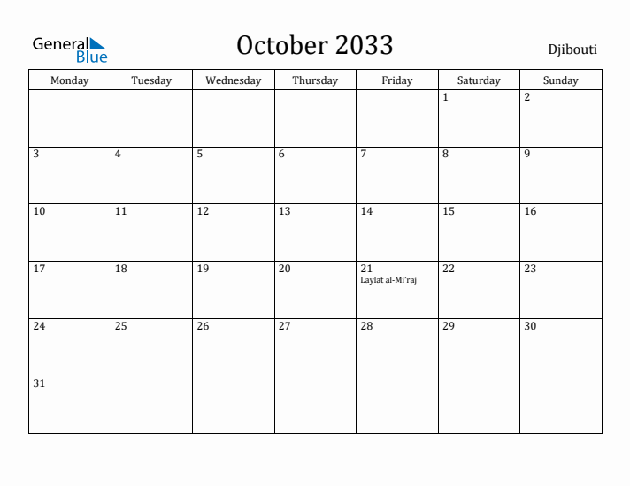 October 2033 Calendar Djibouti